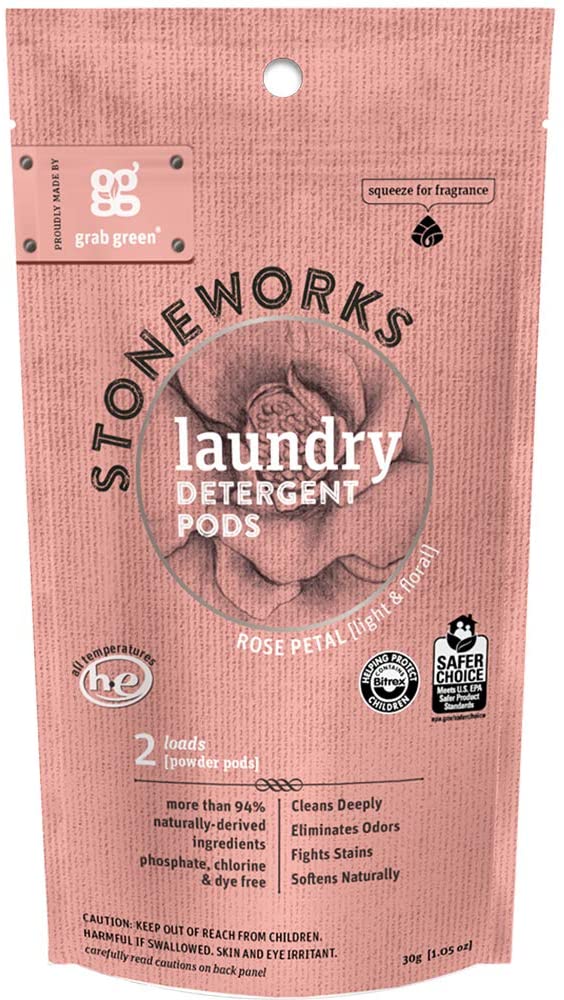 The Stoneworks Laundry Detergent Pods - Sample by grab green comes in a pink package and features Rose Petal-scented powder pods made with non-toxic ingredients, emphasizing natural components, safety certifications, deep cleaning, and odor elimination benefits.
