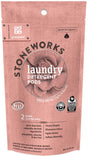 The Stoneworks Laundry Detergent Pods - Sample by grab green comes in a pink package and features Rose Petal-scented powder pods made with non-toxic ingredients, emphasizing natural components, safety certifications, deep cleaning, and odor elimination benefits.