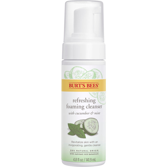 A bottle of Burt’s Bees Refreshing Foaming Cleanser with cucumber and mint, featuring images of cucumber slices and mint leaves on the label. The bottle contains 4.8 fl oz (141.9 mL).