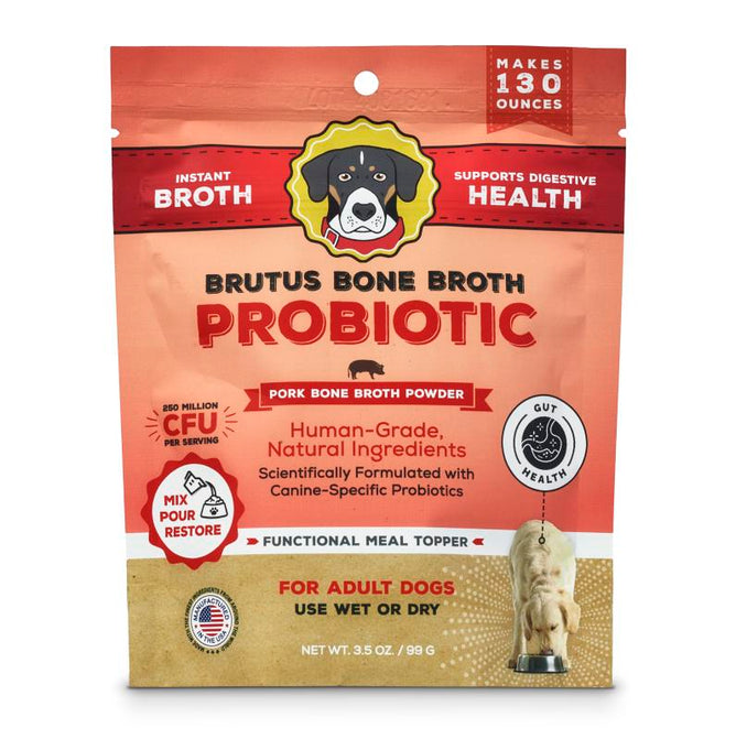 Brutus on the Go: Probiotics Instant Bone Broth Mega Pack by Brutus Broth blends pork flavor with probiotics for dogs, supporting digestion. Each 3.5 oz pack contains 250 million CFU per serving, highlighting gut health benefits on its packaging.