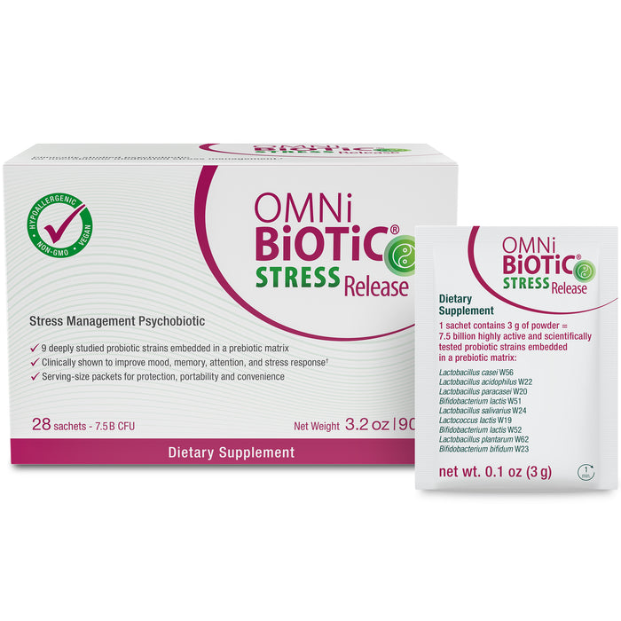 A box and sachet of Omni-Biotic Stress Release dietary supplement, featuring probiotic details and stress management claims on the packaging. The box contains 28 sachets, each net weight 0.1 oz (3 g).