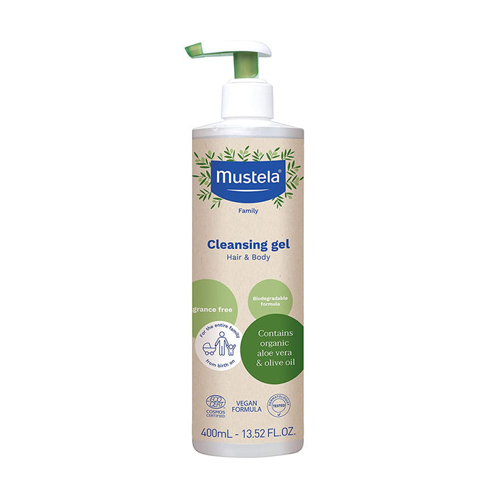 A 400mL pump bottle of Mustela Family Cleansing Gel for hair and body, labeled as fragrance free, vegan, biodegradable, and containing organic aloe vera and olive oil. The bottle is beige with green and blue accents.