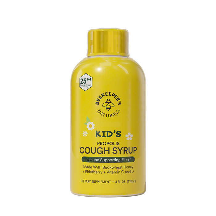 A yellow 4 fl oz bottle of Beekeeper’s Naturals Kid’s Propolis Cough Syrup, labeled as an immune supporting elixir with buckwheat honey, elderberry, and vitamins C and D.