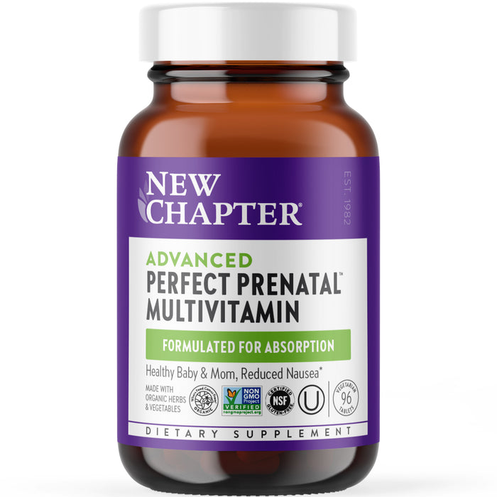 A bottle of New Chapter Advanced Perfect Prenatal Multivitamin, labeled as formulated for absorption and suitable for healthy baby and mom, with certifications including Non-GMO, NSF, and made with organic herbs and vegetables.