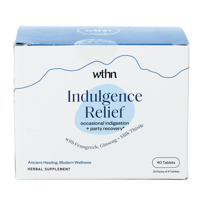 A box of WTHN Indulgence Relief herbal supplement tablets, designed for occasional indigestion and party recovery, featuring ingredients like fenugreek, ginseng, and milk thistle. Contains 40 tablets.