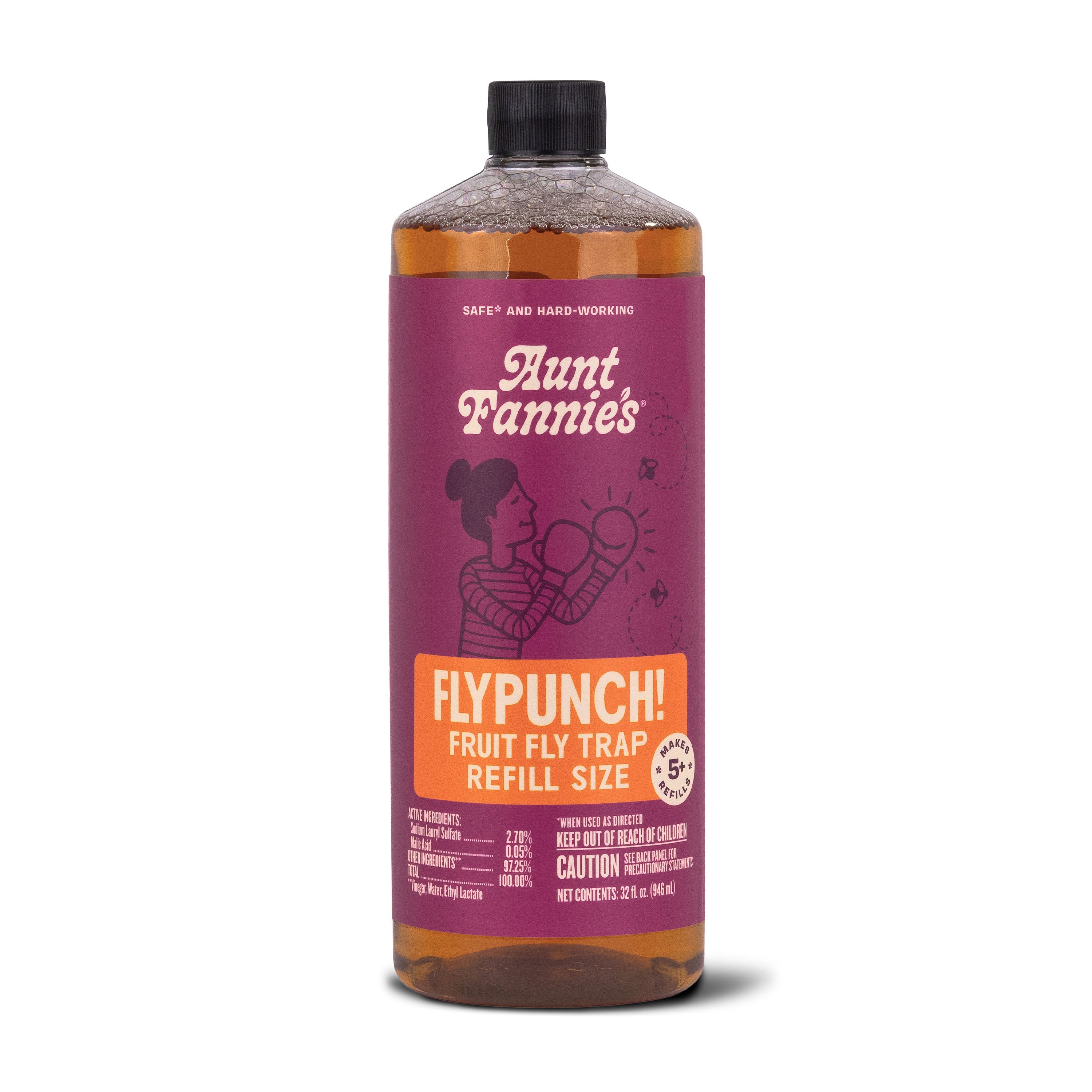 Aunt Fannies FlyPunch! Fruit Fly Trap Refill features a purple label with an illustration of a woman and fruit flies. This 16.9 fl oz (500 mL) bottle effectively reduces plastic use while tackling fruit fly issues.