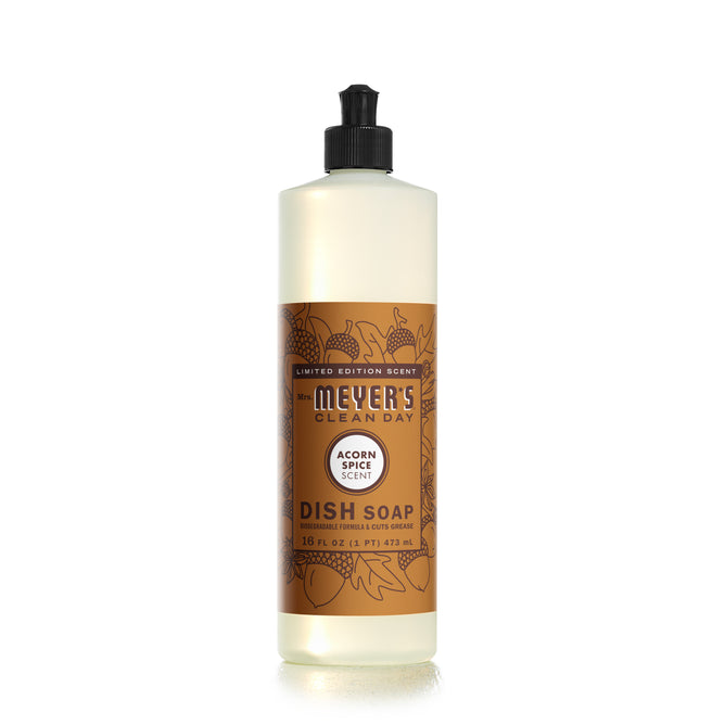 A 16 fl oz (473 ml) bottle of Mrs. Meyers Fall Freshen Up Set - Acorn Spice hand soap, with a brown label featuring leaf and acorn designs and a black flip-top cap.