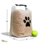 The (re)zip Reusable Pet Food Storage Bag - Large, 40 Cup stands upright beside a green tennis ball, featuring a black paw print and clear design. Sized 16" high x 12" wide x 7¼" deep—ideal for travel or home use.
