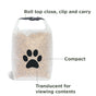 The (re)zip Reusable Pet Food Storage Bag - Large, 40 Cup features a translucent design with a black paw print, roll top closure, clip for carrying, and compact shape—ideal as a travel dog food container.