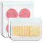 The (re)zip Reusable 2 Gallon + 2 Half Gallon Bag Set includes clear, BPA-free PEVA bags with white zip closures—shown storing burger patties and cheese slices for secure, leakproof food storage.