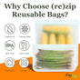 Two (re)zip bags—a 2 Gallon and a Half Gallon—hold corn and asparagus. Icons show leakproof, freezer safe, BPA-free PEVA, food-safe, reusable, airtight. Text: “Why Choose (re)zip Reusable 2 Gallon + 2 Half Gallon Bag Set?” Logo bottom right.