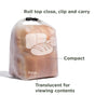 The (re)zip Reusable Bread, Bagel & Pantry Roll Top Bag is a translucent bag with bread and fruit designs, a roll-top closure with clip, and compact clear viewing—ideal for storing or freezing bread.