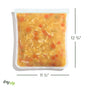 The (re)zip Reusable Leakproof Gallon Bag, made of food-safe PEVA, is 12 3/4" tall by 11 1/2" wide and features the rezip logo in the bottom left. Shown holding vegetable soup with sliced carrots and other ingredients.