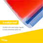 Close-up of a (re)zip Reusable Leakproof Gallon Bag with blue double lock seal holding red liquid. Text: Leakproof. Double lock seal keeps liquids in and spills out. Made from food-safe PEVA. (re)zip logo at bottom left.