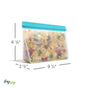 The (re)zip Reusable Leakproof Quart Stand Up Bag, BPA-free with a blue zipper, stands upright holding farfalle pasta and vegetables. Dimensions are marked: 6 1/3" tall, 9 1/2" wide, and 2 2/3" deep.