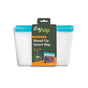 A clear BPA-free (re)zip Reusable Leakproof Quart Stand Up Bag with a blue zipper is shown in packaging labeled “REUSABLE Stand-Up Quart Bag, 1 No-Spill Bag” and features an image of berries inside the convenient stand-up bag.