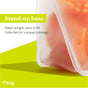 Reusable Leakproof Snack Stand Up Bag by (re)zip holds orange snacks. Text: Stands upright, easy to fill, airtight and leakproof. Folds flat for storage. (re)zip logo at bottom left.