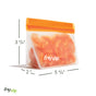 A (re)zip Reusable Leakproof Snack Stand Up Bag with an orange seal, filled with orange fruit segments, measures 3 3/4" tall, 5 3/4" wide, and 2" deep. The (re)zip logo is visible on the bag and in the corner.