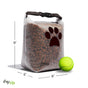 A (re)zip Reusable Pet Food Storage Bag - Medium, 14 Cup, featuring a brown paw print design and filled with kibble, is displayed beside a yellow tennis ball for size reference. Bag measures 9" tall, 6" wide, and 5" deep.