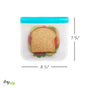 The (re)zip Reusable Sandwich & Lunch Bag features a blue leakproof seal for eco-friendly food storage. Sized at 8 1/2" x 7 3/4", it holds sandwiches securely, with the (re)zip logo in the bottom left corner.