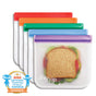 Four (re)zip Reusable Sandwich & Lunch Bags with colored zipper tops (red, orange, green, purple) are shown, one holding a sandwich. A 2022 National Parenting Product Awards Winner badge is in the lower left corner.