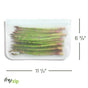 A Reusable Slim Deli & Leftover Bag from (re)zip, filled with asparagus spears, is shown next to measurements indicating it is 11 1/2" wide and 6 3/4" tall. The (re)zip logo appears in the bottom left corner.