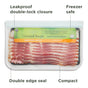 The (re)zip Reusable Slim Deli & Leftover Bags offer leakproof, BPA-free, freezer-safe storage with a double-lock closure, double edge seal, and compact size—perfect for storing uncured applewood smoked bacon strips.