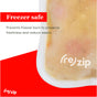 A close-up of food in a (re)zip Reusable Stand-Up Bag made from food-grade PEVA, with frost on it. Text: Freezer safe. Prevents freezer burn to preserve freshness and reduce waste. The (re)zip logo is in the corner.