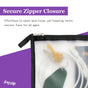 A close-up of a translucent (re)zip Travel Organizer Zipper Bag - Medium with a black zipper, holding keys, a cord, and a green tag. Text: Secure zipper closure—easy to open and close while keeping items safe for all ages.