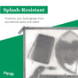 The (re)zip Travel Organizer Zipper Bags - Large is shown holding electronic items, with water droplets on its translucent, food-safe PEVA surface. Text: Splash-Resistant—Protects from spills and water. The (re)zip logo appears in the bottom left corner.