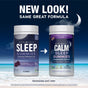 Two supplement bottles stand on a beach at night. The left is CALM Sleep with Melatonin Gummies Blueberry-Pomegranate Flavor by Natural Vitality; the right shows new packaging. Text above: NEW LOOK! SAME GREAT FORMULA.