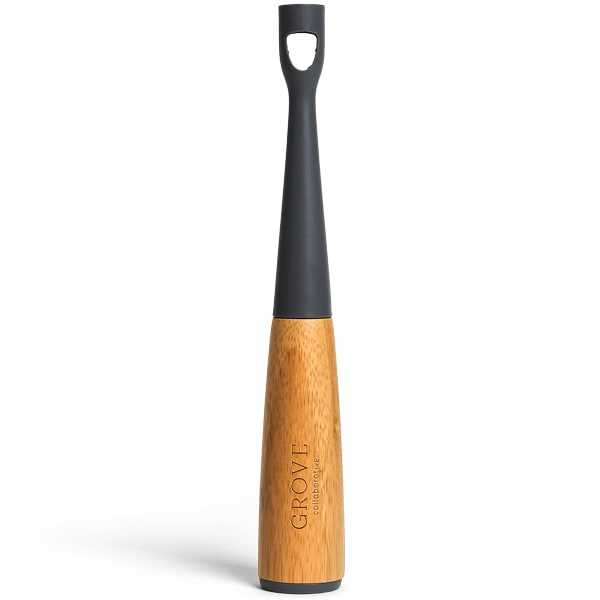 A toothbrush with a black head and a bamboo handle, featuring the word GROVE printed on the bottom half. The design is sleek and modern.