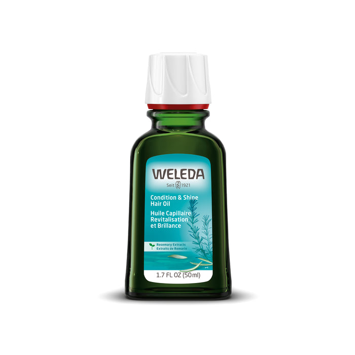A green 1.7 fl oz (50 ml) bottle of Weleda Condition & Shine Hair Oil with rosemary extracts and burdock root, featuring a white label and a white cap, set against a plain white background.