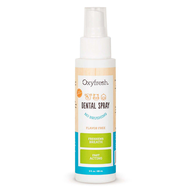 A bottle of Oxyfresh Dental Spray, labeled No Brushing, Flavor Free, Freshens Breath, and Fast Acting, with a white spray cap and blue and beige accents on the label.