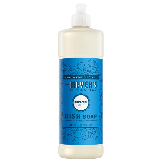 A 16 fl oz bottle of Mrs. Meyer's Dish Soap in blueberry scent, featuring a blue label with blueberries and limited edition text. This liquid dish soap is a natural degreaser.