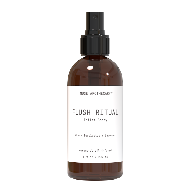 The Muse Apothecary Toilet Spray offers a refined bathroom experience with its 8 fl oz brown bottle featuring a black nozzle. It contains an essential oil-infused plant-based blend of aloe, eucalyptus, and lavender.