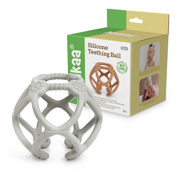 A gray silicone teething ball is shown in front of its packaging box, which features images of a baby using the teether and product details highlighting that it is BPA-free and suitable for babies aged 3 months and up.