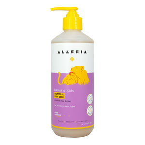Alaffia Kids Shampoo & Body Wash features a lion and cub on its purple label and contains naturally-derived ingredients like unrefined shea butter. It is suitable for all skin and hair types, offering a refreshing lemon lavender scent.