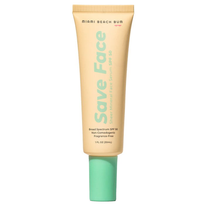 A beige tube labeled Save Face Sheer Mineral Face Serum SPF 50 with a light green cap, featuring Miami Beach Bum branding. The tube contains 1 fl. oz. and highlights broad-spectrum, non-comedogenic, and fragrance-free.