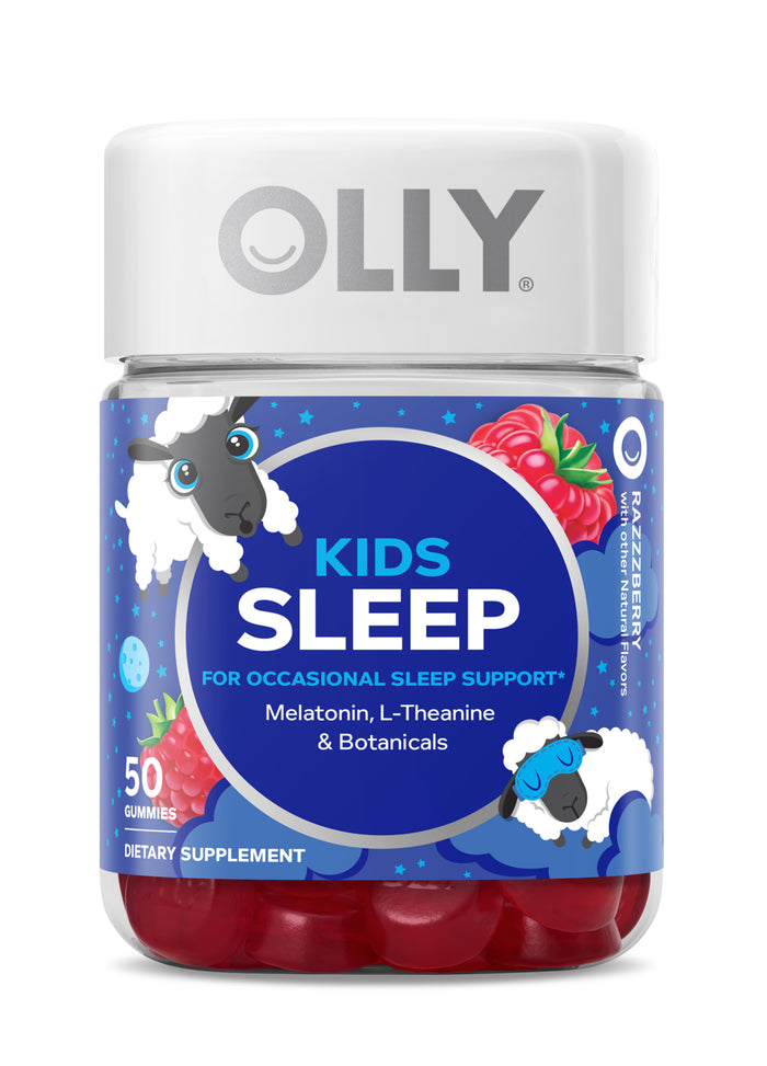 A bottle of OLLY Kids Sleep gummies, featuring a blue label with cartoon sheep, raspberries, and stars. The label highlights melatonin, L-theanine, and botanicals for occasional sleep support.