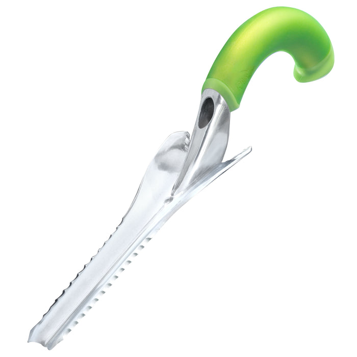 A silver garden weeder tool with a curved, serrated blade and a bright green, ergonomically designed handle shown against a white background.