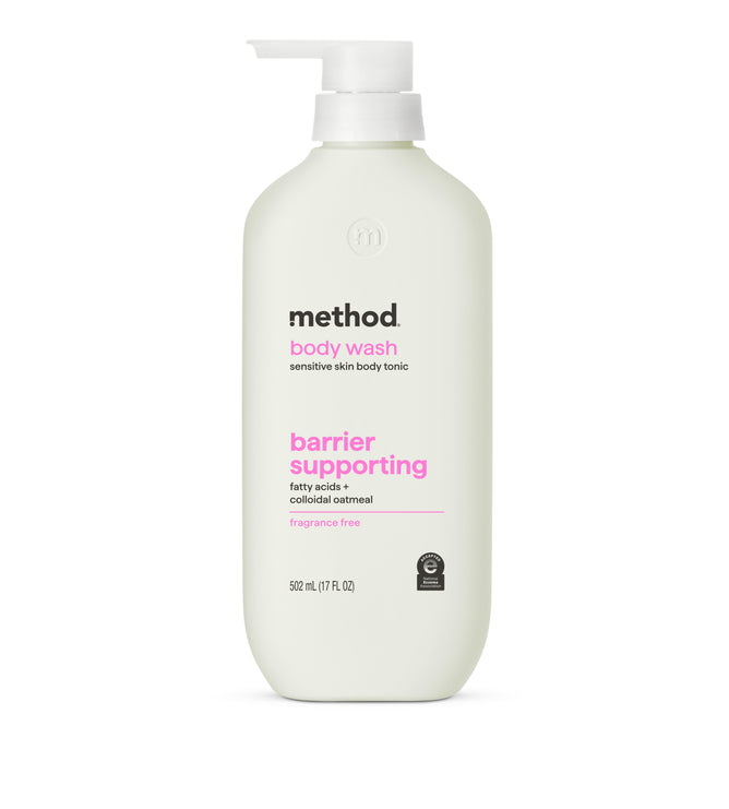 A 502 mL (17 fl oz) white pump bottle of method Barrier Supporting Body Wash for sensitive, dry skin; fragrance free, with fatty acids and colloidal oatmeal to support the skin barrier.