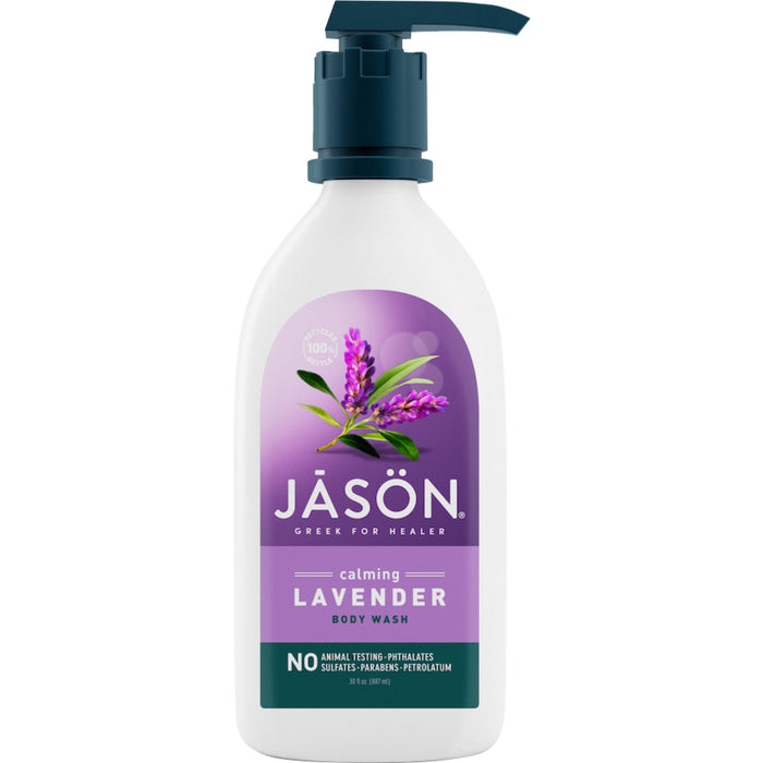 A bottle of JĀSÖN Calming Lavender Body Wash with a pump dispenser. The label is purple with an image of lavender flowers and highlights that the product contains no animal testing, phthalates, sulfates, parabens, or petrolatum.