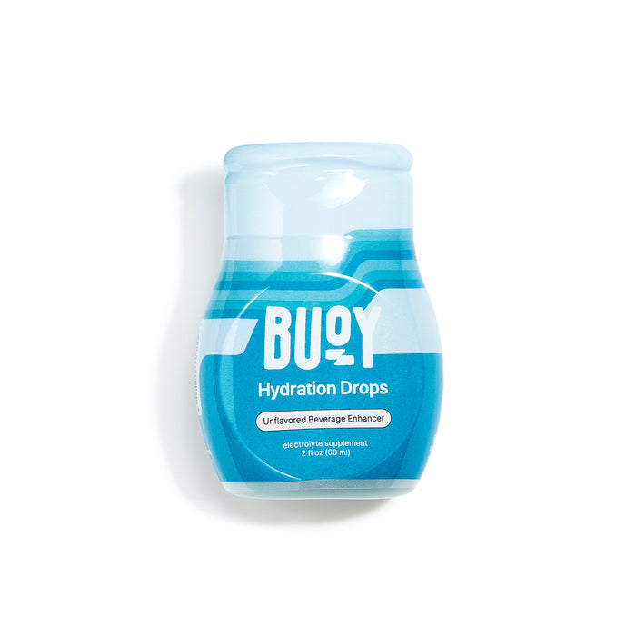 A blue and white bottle labeled BUOY Hydration Drops Unflavored Beverage Enhancer with electrolyte supplement 2 fl oz (60 ml) written on the front.