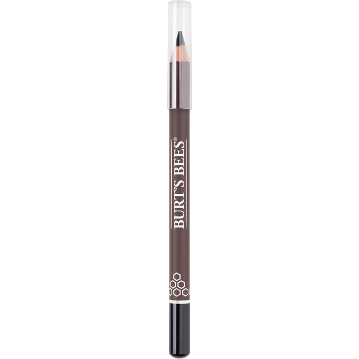 A Burt’s Bees brown eyeliner pencil with a clear plastic cap, featuring white brand text and a small honeycomb design near the bottom.