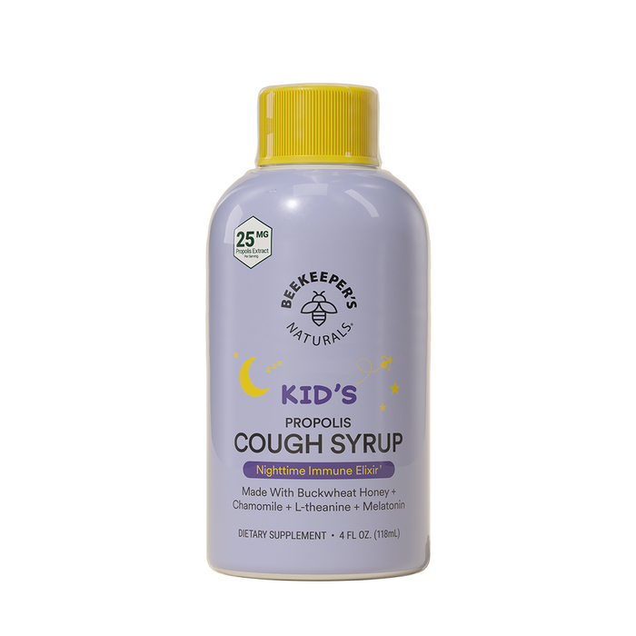 A bottle of Beekeepers Naturals Kids Propolis Cough Syrup with a yellow cap, purple label, and nighttime theme. The label lists ingredients like buckwheat honey, chamomile, L-theanine, and melatonin.
