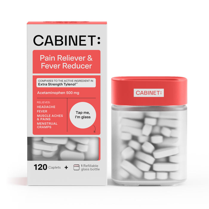 A box and glass bottle of Cabinet Pain Reliever & Fever Reducer, acetaminophen 500 mg, with 120 caplets. The packaging is white with red accents and the label mentions relief for headaches, fever, muscle aches, and menstrual cramps.