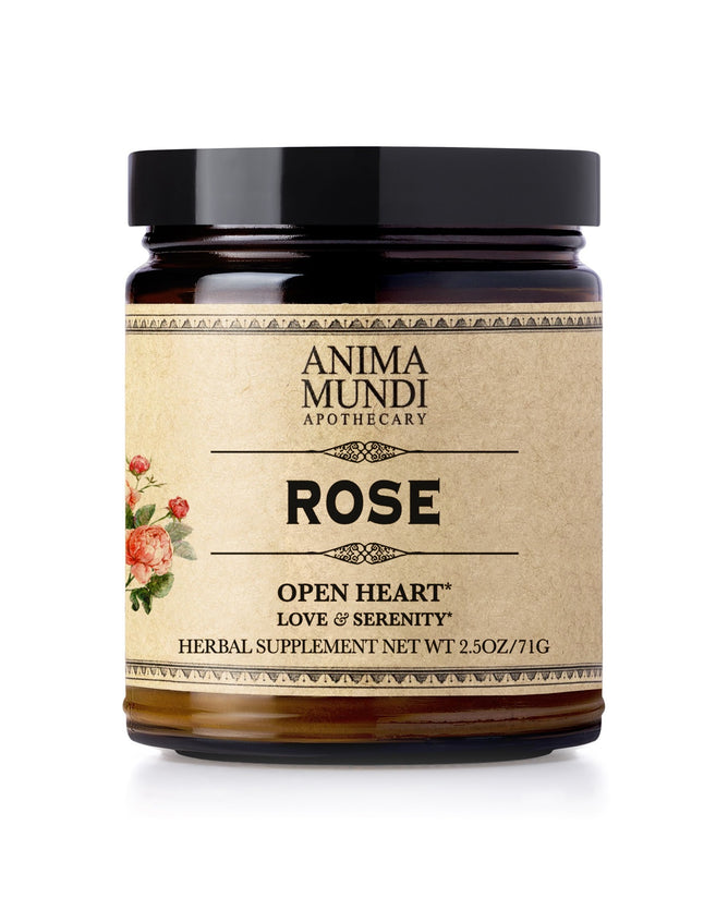 A brown glass jar labeled Anima Mundi ROSE, Love + Serenity*, with a small red rose illustration; crafted to promote emotional balance and gentle nervous system support. Net Wt 2.5oz/71g.