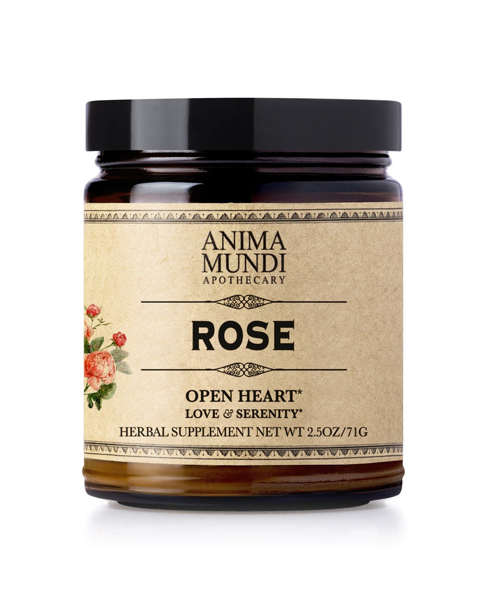 A brown glass jar labeled Anima Mundi ROSE, Love + Serenity*, with a small red rose illustration; crafted to promote emotional balance and gentle nervous system support. Net Wt 2.5oz/71g.