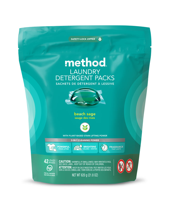 A teal pouch of Method Laundry Detergent Packs in the Beach Sage scent, showing the product name, green detergent pod image, features, load count, and caution information on the front.